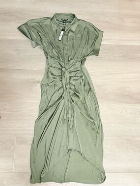 Steve Madden Sage Green Tie-Waist Maxi Shirt Dress